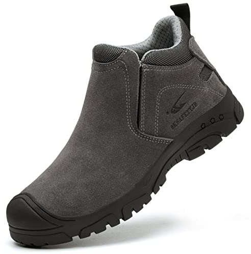 R-Win Work Boots Non Metal Composite Toe Cap Boots Suede Leather Slip on Welding Boots Safety Construction Industrial Insulated Shoe Grey