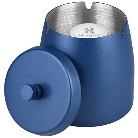 HARGTAR Smokeless Ashtrays for Cigarettes Indoor Outdoor Ash Tray Sets for Cigarettes Outdoor Windproof Cute Home Outside Metal Ashtrays with Lid for Patio, Blue, Medium