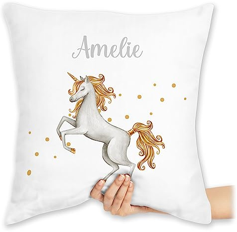 Kissen 40x40 Zierkissen - Einhörner - Einhorn Unicorn - 40 x 40 cm - Weiß - einhornkissen unicorns name einhorn-kissen einhörnern und kuschelkissen personalisierter mädchen personalisierte