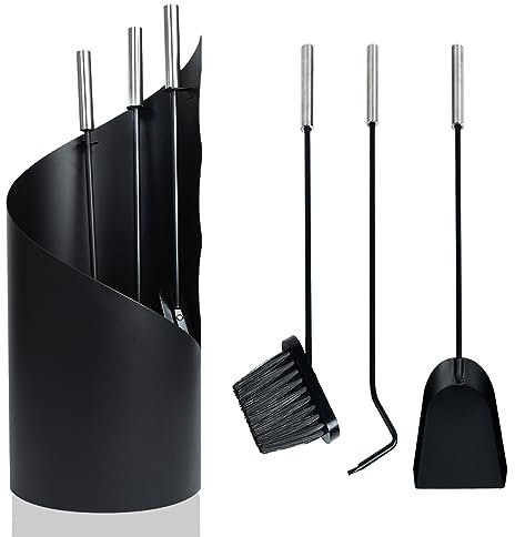 SUBTLETY Kaminbesteck 4 Teilige Modern Kamingarnitur Edelstahl Kaminset Kaminofen Zubehör Ofenbesteck Kaminreinigungsset mit Ständer, AscheSchaufel, Besen, Schürhaken, Zange (Schwarz)