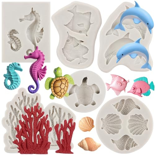 MYPRACS Thème Marin Fondant Moule Coquillage Conque Corail Tortue Dauphin Baleine Hippocampe Poisson Moules En Silicone Pour Décoration De Gâteaux Cupcake Bonbons Gomme Pâte Polymère Argile Lot De 6
