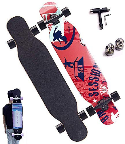 Skateboard 107 × 26 cm Tanzendes Longboard Cruiser Double Kick Deck Board 9 Schichten Ahorn ABEC-11 Kugellager mit T-Tool + Ersatzlager + Rucksack für Outdoor Freeride Pendeln Cruisen (B)