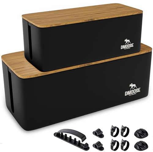 DMoose Cable Management Box - 2 Pack Medium & Large Cord Organizer for Desk & Floor, Cable Organizer Box for Child & Pet - Hider for Tidy Office & Home (Wood Print Lid, Black, Pack of 2)