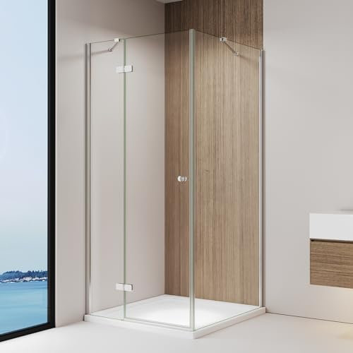 IMPTS Duschkabine Eckeinstieg Duschabtrennung Dusche Scharniertür Eckdusche mit Falttür Rahmenlos Seitenwand aus 6mm Sicherheitsglas Glas, 80 x 90 x 185cm
