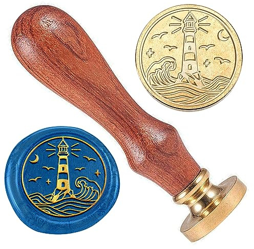 DELORIGIN Wachsstempel Mit Leuchtturm Motiv Seewellen Wachssiegelstempel 25 mm Messingkopfstempel Mit Holz Zum Verpacken von Geschenken Hochzeitsumschlägen Karten Briefen Einladungen