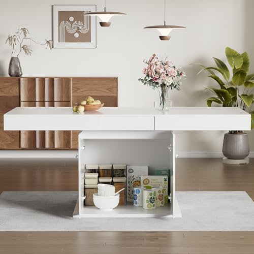 soges Ausziehbarer Esstisch Esszimmertisch Küchentisch mit Ablagefach, Teleskoptisch Rechteckig Esstisch Kaffeetisch Kücheninsel für Wohnzimmer und Esszimmer, Weiß 140/180 x 80 x 76 cm