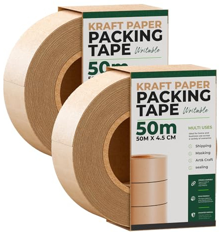 DC VOLTAGE Brown Kraft Paper Packaging Tape 4.8cm x 500cm, Brown Gummed Adhesive and Recyclable Strong Sticky Tape Rolls, Carton Sealing Paper Tape Easy Tear Sustainable Packing Tape, Pack of 2