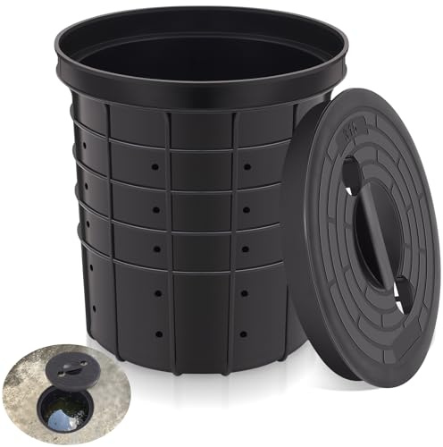 Memorywuu Perforated Sump Basin with Lid Sump Pump Basin Bucket with Drilled Holes for Crawl Spaces,Yards,Patios and Driveways(Black,13 x 11.4 x 15 Inch)