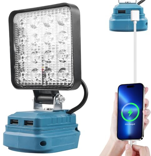 Lámpara LED de trabajo con batería para Makita 18 V, 18 W, 5400 lm, con 2 carga USB, foco LED con batería, foco LED para obras de construcción, lámpara para Makita 18 V