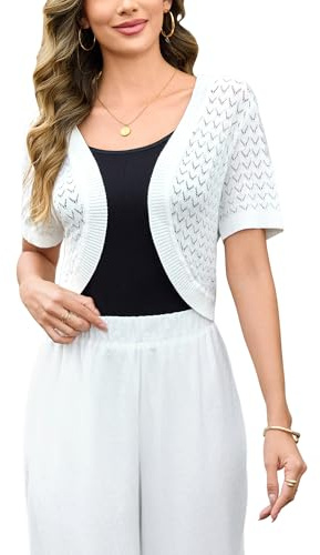 Totatuit Bolero Mujer de Verano Chic Suéter Corto Manga Corta Croché Ajouré Ligero para Vestido Boda Vacaciones Playa Blanco XL