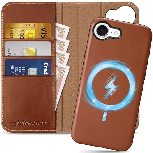 SHIELDON 2 IN 1 Hülle für iPhone 17e & iPhone 16e Case [Echtleder] [Abnehmbar] [Kabelloses Aufladen] [Kartenfach] [RFID Blocker] Ledertasche Kompatibel mit iPhone 16e/17e 2026 6,1 - Retro Braun