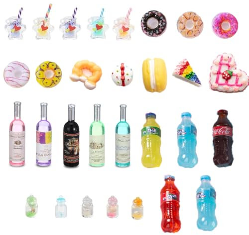 UEAVOID 30PCS Miniatur Lebensmittel Set, Miniatur Essen und Trinken, Wichtel Zubehör Süßigkeiten, Miniatur Lebensmittel Puppenhaus, Mini Essen Spielzeug, Mini Food Miniatur Deko (1/12 Mini)