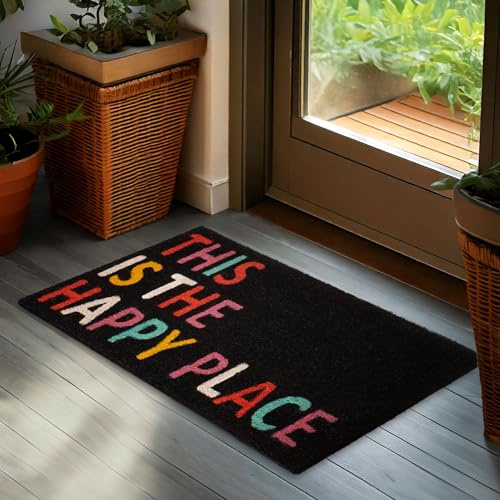 BRUBAKER Fußmatte für Außen und Innen - This is My Happy Place Schwarz Bunt | 45 x 75 cm Schmutzfangmatte - Antirutsch Fußabtreter für Haustür, Campingplatz und Garten - Wetterfest Rutschfest