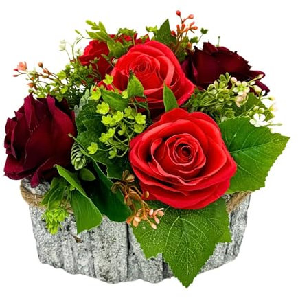 Grabgesteck Herzform mit roten Rosen – Holzschale handgefertigt in der EU | künstliche Blumendekoration 25×17 cm | wetterfest & pflegeleicht | Grabschmuck für Allerheiligen & Totensonnta