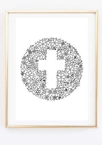Din A4 Kunstdruck ohne Rahmen - Kreuz mit Kleeblatt und Tauben - Kruzifix - Gott Glauben - Christliches Bild - Kirche Religion - Moderne Grafik - Bild Poster Druck
