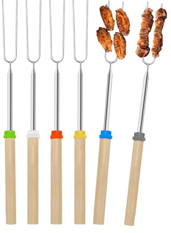 svpfuo 6 Stück Stockbrot Spieße, Einziehbar Grillspieße 31.5-81.5 cm, Grillspieße Lagerfeuer Edelstahl, mit Isoliertem Griff aus Massivholz, Geeignet für Camping, Gartenparty, Grillparty