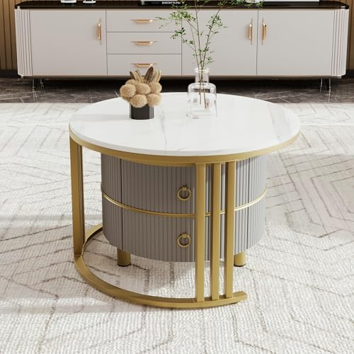 LANTRO JS Couchtisch 2er Set, Couchtisch Rund mit Stauraum, Wohnzimmertisch, Grau und Weiß, 70x70x46cm und 50x50x40cm