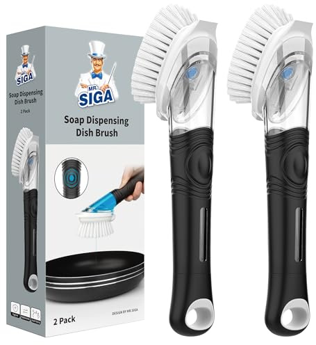 MR.SIGA Soap Dispensing Dish Brush, Kitchen Brush for Pot Pan Sink, 2 Pack | Dish scrubber with soap dispenser, dish soap brush with scraper