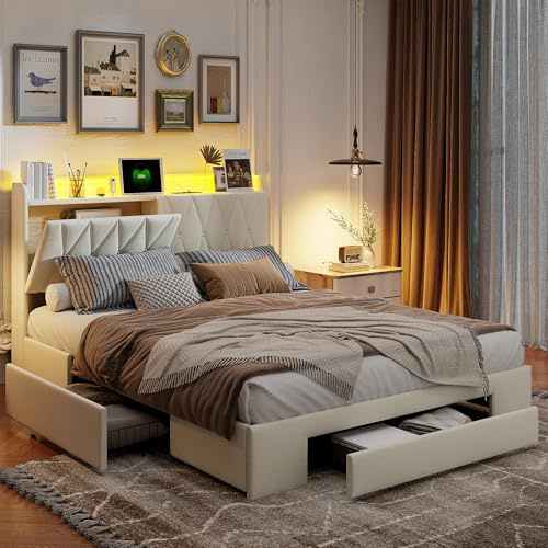 BRILVERDE Polsterbett 160x200 mit Stauraum Schubladen, Doppelbett mit LED/USB, Jugendbett mit Kopfteil, Bettgestell mit Lattenrost, Samt (Beige, 160 x 200 cm)