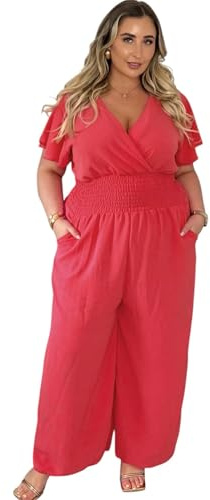 Crazy Fashion Jumpsuit For Women Elasticated Waist V-Neck Harem Wide Leg Dungarees Overalls Joggers Long Pants Baggy Trousers Summer Short Sleeve Wide Rompers Collar Loose Playsuit (Coral, UK 12-24)