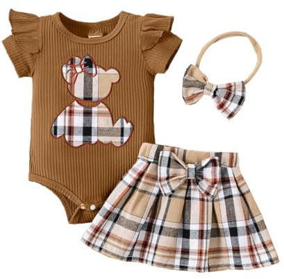 HEOXIN Neugeborenen Kleidung für Mädchen Rüschen Kurzen Ärmeln Strampler mit Bärenmuster + Karierter Rock + Stirnband Set, Säugling Babykleidung Mädchen Set für den Sommer, Braun 6-9 Monate