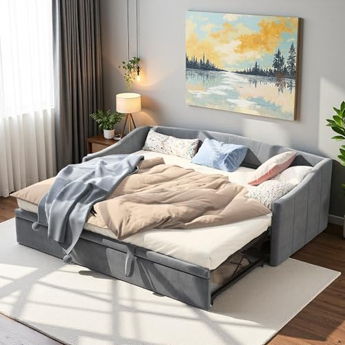 Aneutr Schlafsofa, ausziehbar, 2-Sitzer, 90/180 x 200 cm, gepolstertes Schlafsofa mit Lattenrost, ausziehbar, Veloursstoff (ohne Matratze) (Grau A)