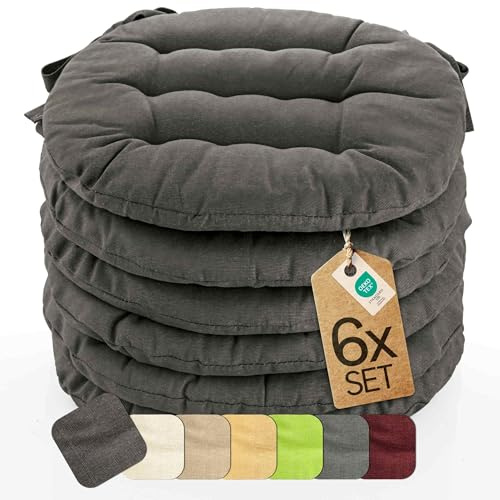 etérea 6er Set Sitzkissen Outdoor 38x38 Rund mit Bändern - Stuhlkissen Anthrazit für Gartenstuhl & Innenbereich - waschbare Sitzauflagen Gartenmöbel - 6 Stück Kissen 38x38 cm - Anthrazit