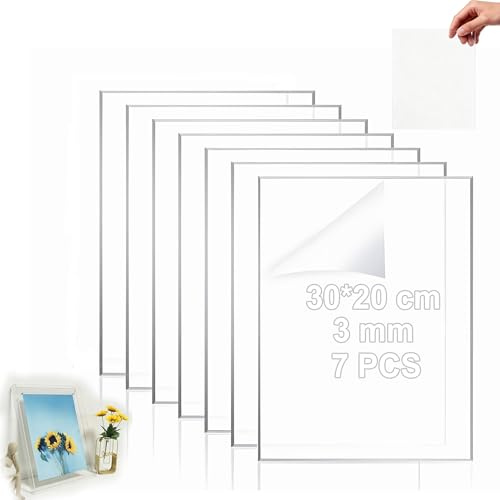Kiswleon Lot de 7 plaques en verre acrylique transparent - 30 x 20 cm - Plaque en plastique de 2 mm - Pour cadres photo, panneaux, présentoirs de table, plaque nominative, matériau laser, projets de