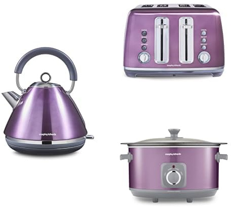 Morphy Richards Accents Kitchen Bundle, 1.5L, 3KW Rapid Boil Pyramid Kettle, 4 Slice Toaster & Slow Cooker 6.5L, Easy Operation, Stylish Retro Design, Matching Set, Purple, 102050 | 242050 | 461024