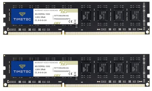 Timetec Premium Lot de 2 barrettes de mémoire RAM 16 Go, (2 x 8 Go), DDR3 / DDR3L 1 333 MHz PC3-10600 Non-ECC sans tampon 1,5 V / 1,35 V CL9 2Rx8 à double rang 240 broches UDIMM pour ordinateur de