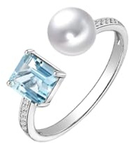 Ayoiow Damen Ringe Weiss Gold Eröffnung mit Aquamarin, Perle und Diamant, Trauringe 18 Karat Gold für Sie Größe 63 (20.1)| 18K Weißgold | Trendiger Modeschmuck für Valentinstag