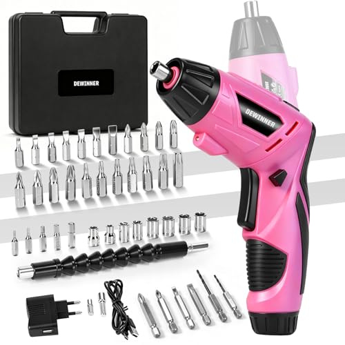 DEWINNER 3.6V Electric Cordless Screwdriver, Pink Drill Driver Set with 180° Rotating Handle, LED Light, 1300 mAh Battery & 45 Piece Screwdriver Set for Home DIY