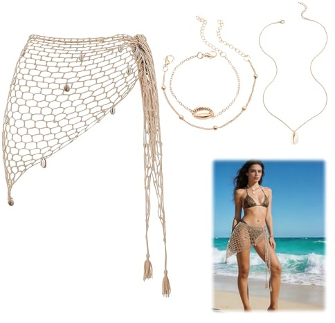 Netz Meerjungfrau Hüfte Meerjungfrau Kostüm Meerjung-frau Netz Fischernetz Kostüm Fischernetz Rock für Strandurlaube Poolpartys Festivalfeiern Karneval Cosplay mit 1 Muschelkette 1 Muschelarmband
