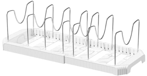 Ubric Organizer per padelle con 7 scomparti regolabili, supporto per padelle da cucina per pentole, coperchi, piatti, taglieri, bianco