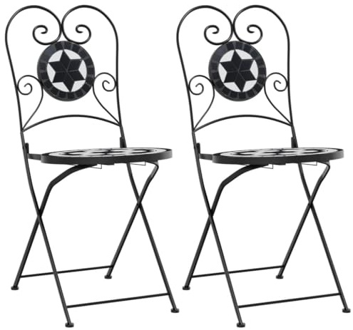 Todiikf Bistrostühle 2er Set klappbar Schwarz Weiß Keramik Mosaik 38x45,5x89,5 cm Eisen Gestell 110 kg belastbar platzsparend für Garten Balkon Terrasse Camping