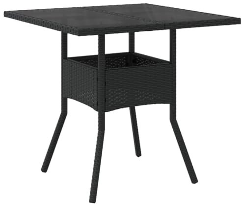 mtlskopl Schwarzer PE-Rattan Gartentisch 80x80x75 cm mit robuster Glasplatte, UV-beständiger Lounge-Tisch für Balkon, Terrasse und Wohnbereich, modernes Balkontisch-Design