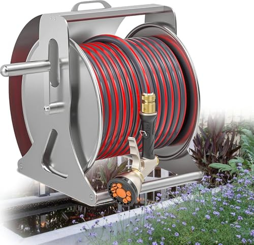 Retractable Hose Reel with Hot Water Rubber Hose, Brass Fittings, Swivel Storage for Outdoor Use, High-Pressure Water Hose with Multi-Function Water Gun, 15m