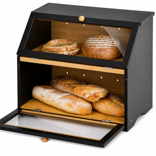 Kortemora Bamboo Bread Bin Double Layer, Large Capacity Bread Storage Box with Flip Lid Window, Moisture Resistant Kitchen Bread Box for Countertop, Black