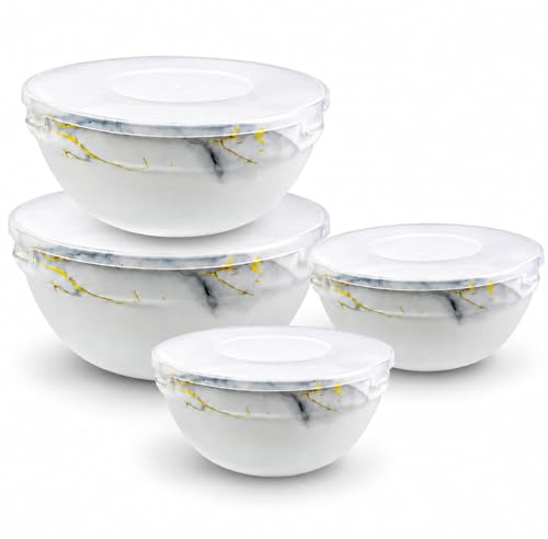 HOMSMYTH 4 Piece Glass Mixing Bowl Set with Lids – Ceramic Storage Bowls 4.2, 5, 6 & 7, Airtight Food Storage Containers, Microwave Safe, Freezer Safe, Kitchen Bowls (Marble Design)