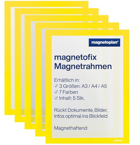 magnetoplan 1130402 magnetofix Magnetrahmen 5 Stück, A3, gelb | Magnethaftender Rahmen für Dokumente + Bilder | Magnetischer Inforahmen für Büro, Schule, Lager + Werkstatt