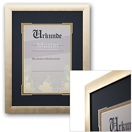 AlphaUVplus Urkunden Rahmen Katharina - für DIN A4 Dokumente - mit Doppel-Passepartout - Zierschnitt - hochwertiger PU Bilderrahmen - Zertifikat - Urkunde - Ehrung - Einrahmung - Rahmung