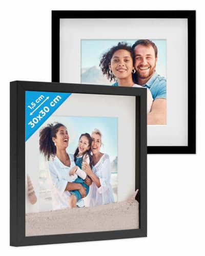 PHOTOLINI 3D Bilderrahmen zum Befüllen 30x30 Schwarz groß, 1,5 cm tiefer Objektrahmen mit Glas, 2X tiefer Bilderrahmen 30x30 Holz MDF mit Passepartout, Dicker 3D Rahmen befüllbar für Gegenstände