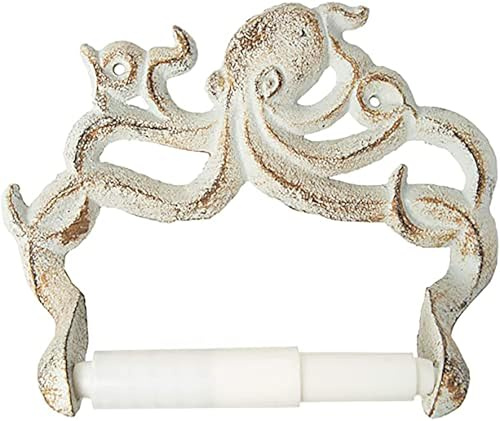 Decorative Cast Iron Octopus Toilet Paper Roll Holder – Wall Mounted Octopus Décor for Bathroom – Kraken, Nautical Bathroom Accessories – Easy to Install with included Screws and Anchors - Rust White