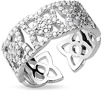 Paula & Fritz® Ring Damen Verstellbar Blumen Zirkonia Klar Silber 316L Chirurgenstahl Zehenring Mittelring Partner Freundschaftsring Einstellbarer-Ring