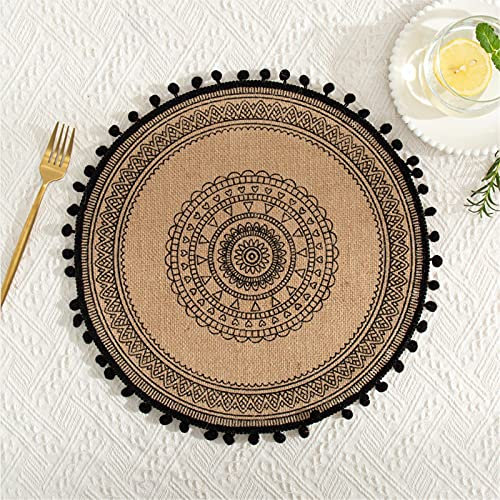4er-Set Mandala Runde Platzsets, Jute Tischsets mit Pompon-Quaste, Neutrale Rustikale Platzset für Esszimmer, Küche, Tischdekoration (4 Stück,B)