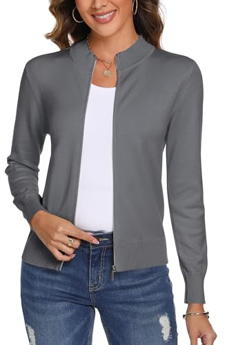 Aottori Cárdigan de Punto con Cremallera para Mujer,Chaqueta de Punto Sueter Manga Larga Abrigo Suéter Rebeca Chaqueta de Jerseis Gris XXL