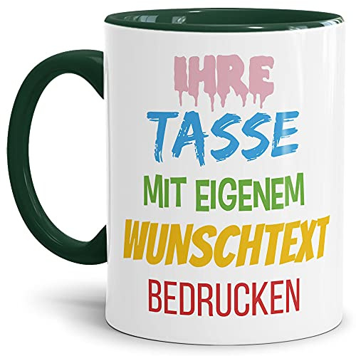 Tasse mit Text selbst gestalten - Geschenk für Frauen, Männer, Geburtstag, Weihnachten - Keramik Innen & Henkel Dunkelgrün I Links & Rechts vom Henkel bedruckt