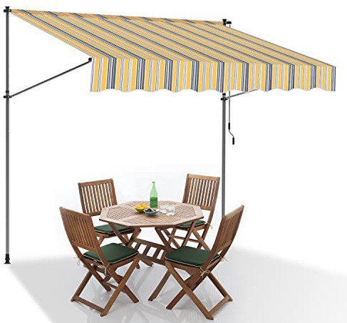 SWANEW Klemmmarkise mit Handkurbel 350cm breit Gelb Blau Balkonmarkise ohne Bohren, UV-beständig 50+ höhenverstellbar Sonnenschutz wasserabweisend, einfache Montage