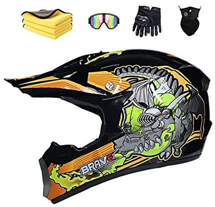 LVSENET Casque De Motocross Convient Enfants Casque De Cross Pour EnfantCasque Downhill Pour Enfants Casque Intégral Moto Cross VTT Avec Lunettes Gants (Orange,S(52-56cm))