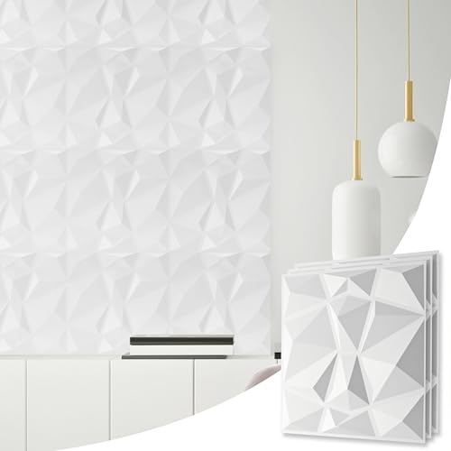 NOVECRAFTO Decorative PVC 3D Wall Panels - Diamond Design 8 Sheets Set Covering 2.0 sqm (21.53 sqft) - Each Tile Size 50x50 cm (19.6x19.6 in) Textured Paneling 3D Effect Decor Cladding Panel in White
